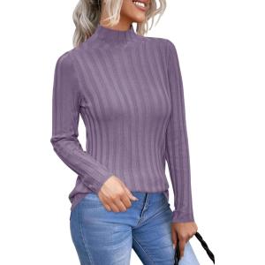 Arach&Cloz Womens Fall Ribbed Wool Blend Sweater Mock Neck Casual Outfits Long Sleeve Fitted Tops Trendy 2024(Grey Purple)