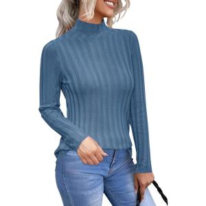 Arach&Cloz Womens Fall Ribbed Wool Blend Sweater Mock Neck Casual Outfits Long Sleeve Fitted Tops Trendy 2024(Lake Blue)