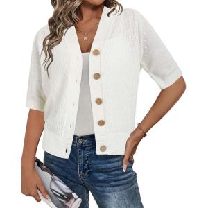 Arach&Cloz Womens Lightweight Cardigan Short Sleeve Shrugs Button Crochet Knit Fashion Sweaters Tops Cozy Clouds(Beige)