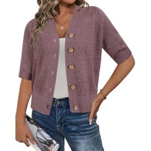 Arach&Cloz Womens Lightweight Cardigan Short Sleeve Shrugs Button Crochet Knit Fashion Sweaters Tops Cozy Clouds(Grey Purple)