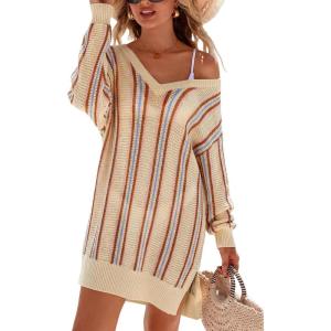 Arach&Cloz Women’s Linen Blend V Neck Crochet Knit Striped Cover Up Vacation Outfits 2026(Apricot Stripe)