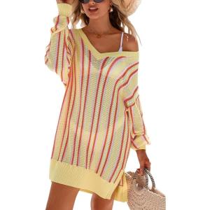 Arach&Cloz Women’s Linen Blend V Neck Crochet Knit Striped Cover Up Vacation Outfits 2026(Brick Stripe)