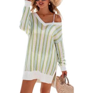 Arach&Cloz Women’s Linen Blend V Neck Crochet Knit Striped Cover Up Vacation Outfits 2026(Green Stripe)