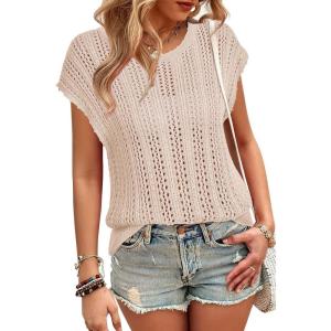 Arach&Cloz Womens Summer Crochet Tops 2024 Lightweight Cap Sleeve Crew Neck Knit Fashion Casual Sleeveless Sweater Vest(Apricot)