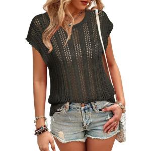 Arach&Cloz Womens Summer Crochet Tops 2024 Lightweight Cap Sleeve Crew Neck Knit Fashion Casual Sleeveless Sweater Vest(Army Green)