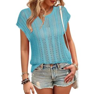 Arach&Cloz Womens Summer Crochet Tops 2024 Lightweight Cap Sleeve Crew Neck Knit Fashion Casual Sleeveless Sweater Vest(Blue)