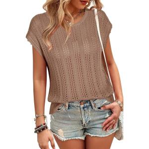 Arach&Cloz Womens Summer Crochet Tops 2024 Lightweight Cap Sleeve Crew Neck Knit Fashion Casual Sleeveless Sweater Vest(Camel)