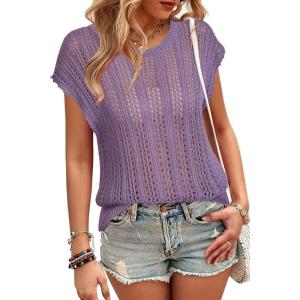 Arach&Cloz Womens Summer Crochet Tops 2024 Lightweight Cap Sleeve Crew Neck Knit Fashion Casual Sleeveless Sweater Vest(Grey Purple)