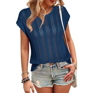 Arach&Cloz Womens Summer Crochet Tops 2024 Lightweight Cap Sleeve Crew Neck Knit Fashion Casual Sleeveless Sweater Vest(Peacock Blue)