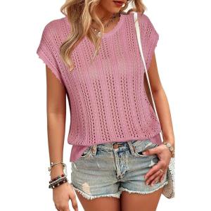 Arach&Cloz Womens Summer Crochet Tops 2024 Lightweight Cap Sleeve Crew Neck Knit Fashion Casual Sleeveless Sweater Vest(Pink)