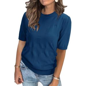 Arach&Cloz Women’s Summer Fall Lightweight Tops Short Sleeve Dressy Blouse(Lake Blue)