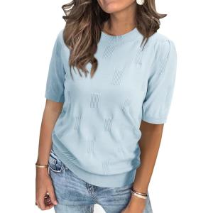 Arach&Cloz Women’s Summer Fall Lightweight Tops Short Sleeve Dressy Blouse(Light Blue)