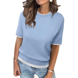 Arach&Cloz Women’s Summer Fall Lightweight Tops Short Sleeve Dressy Blouse(Light Blue-white)