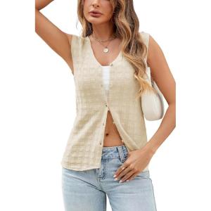 Arach&Cloz Womens Sweater Vest Tops 2025 Summer Knit V Neck Cardigan Sleeveless Button Textured Business Casual Outfits(Off-white)