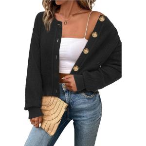 Arach&Cloz Womens Waffle Cropped Cardigan Ultra Stretchy 2025 Spring Soft Chunky Button Business Casual Sweaters(Black)