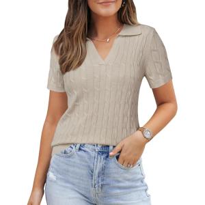Arach&Cloz Women’s Wool Blend Knit Spring Business Casual Relaxed fit Short Sleeve Sweater Pullover 2026(Cable Knit-apricot)