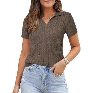Arach&Cloz Women’s Wool Blend Knit Spring Business Casual Relaxed fit Short Sleeve Sweater Pullover 2026(Cable Knit-coffee)