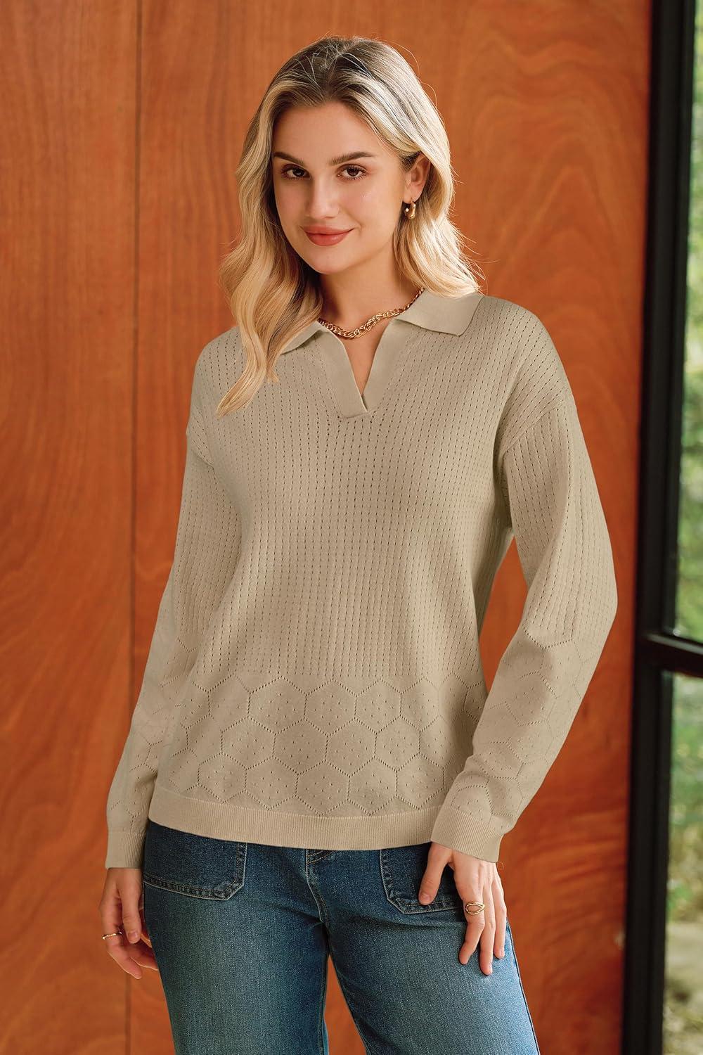 imageArachampCloz Womens 100 Cotton Collared V Neck Eyelet Knit Spring Cotton Polo Shirts 2026Light Khaki