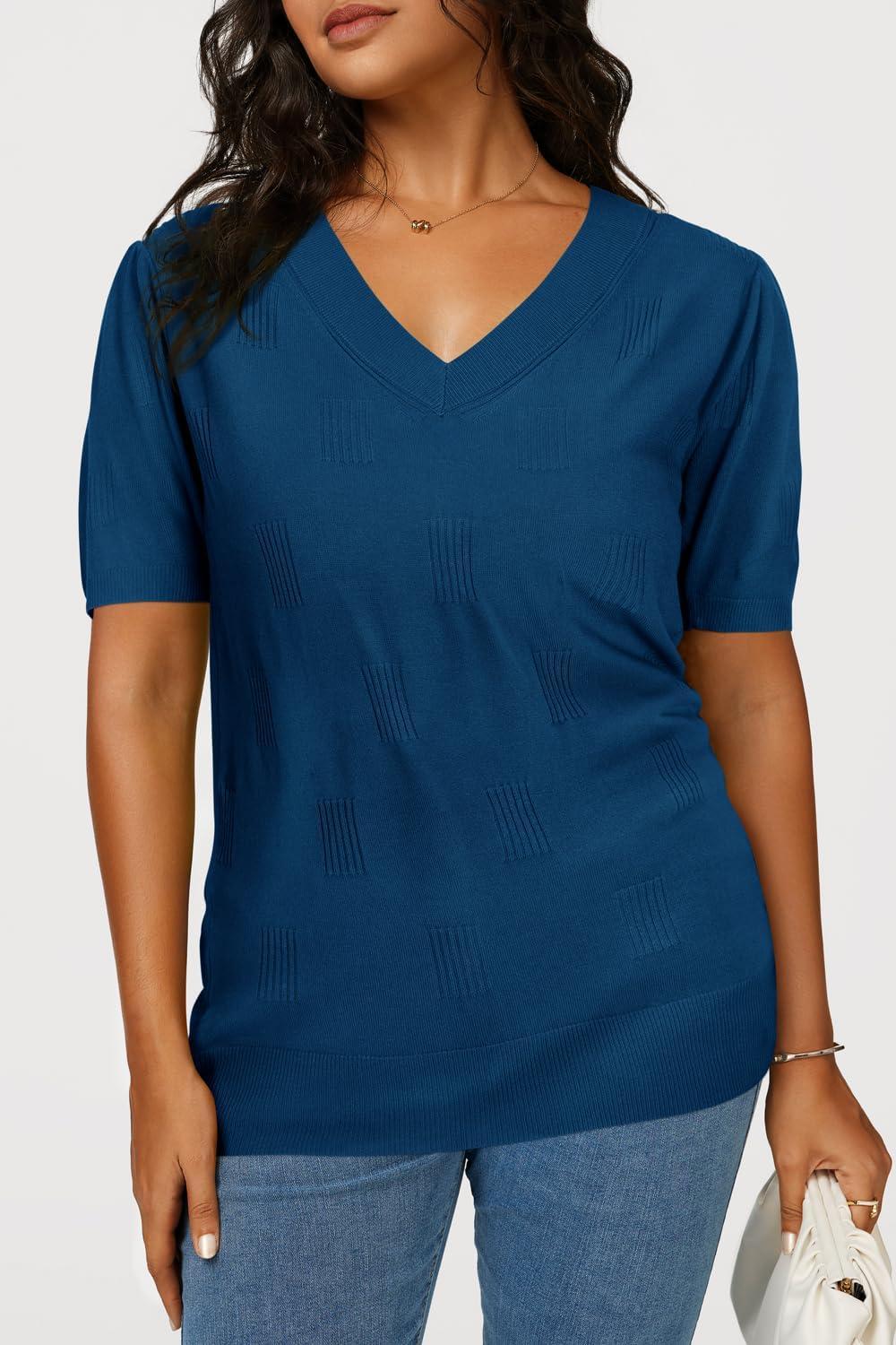 imageArachampCloz Womens Lightweight Fall Sweater Tops Casual Short Sleeve Blouses ShirtsAzdark Blue