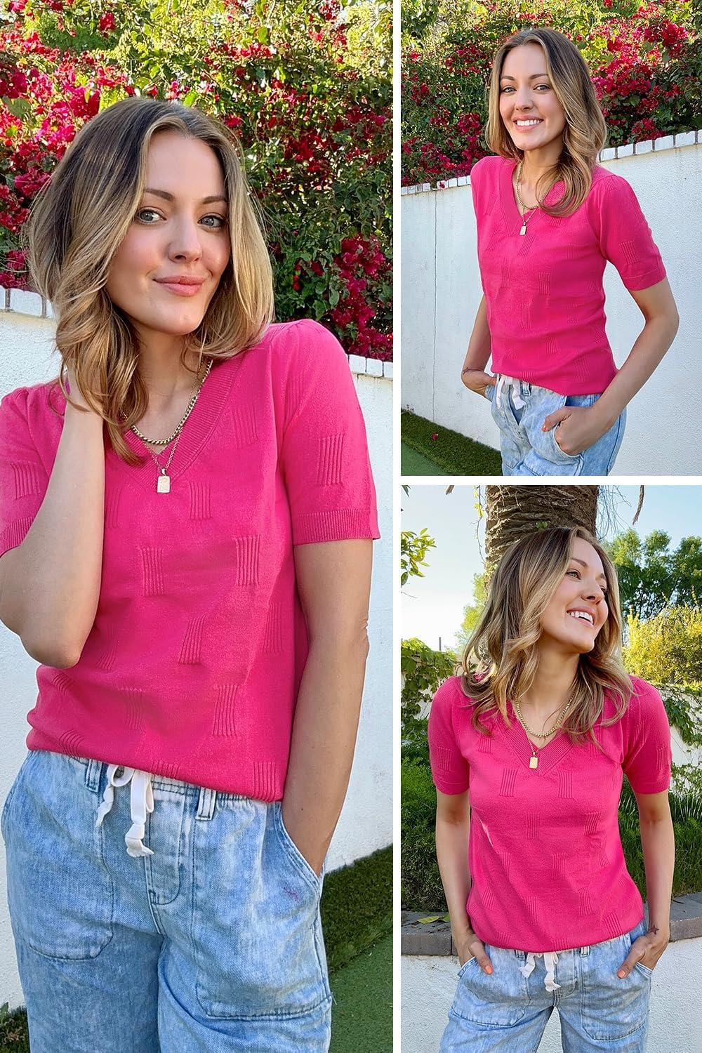 imageArachampCloz Womens Lightweight Fall Sweater Tops Casual Short Sleeve Blouses ShirtsHot Pink
