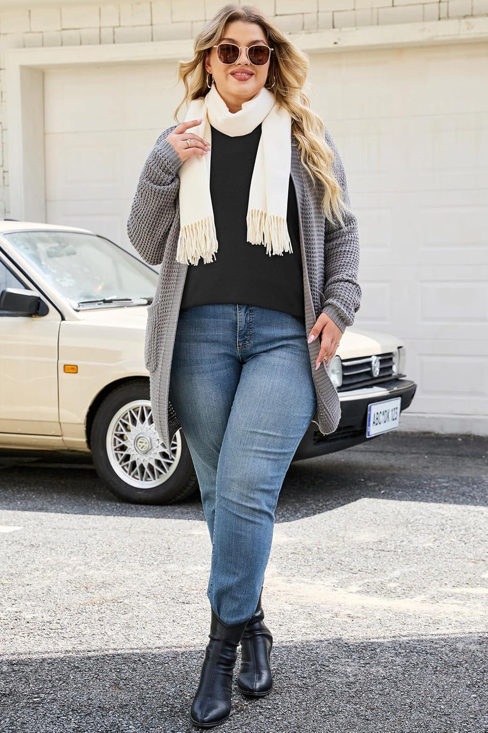 imageArachampCloz Womens Plus Size Wool Blend Sweater Fall Long Sleeve Tops 2025Black