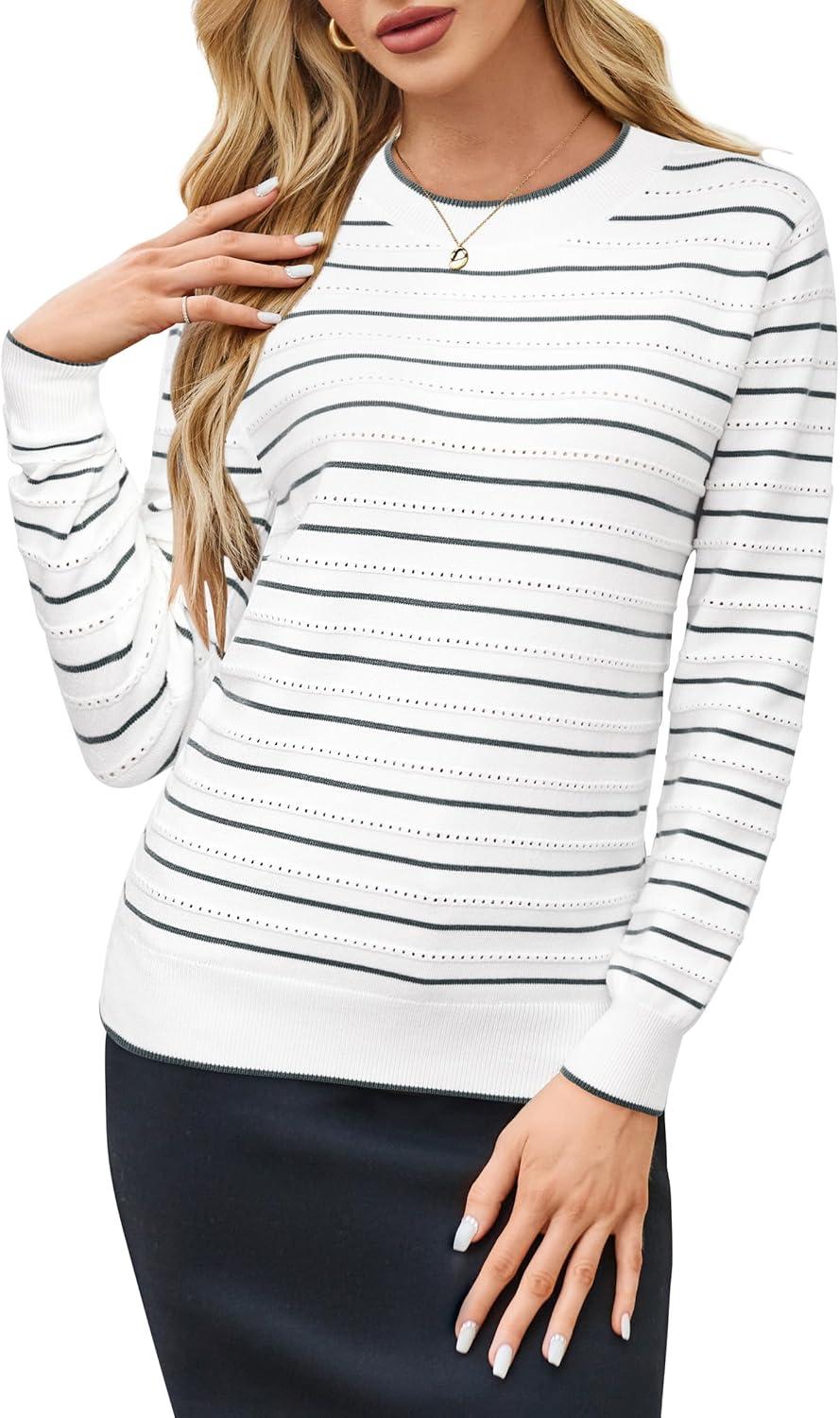 imageArachampCloz Womens Soft Knit Sweater Fall Dressy Casual Pullover TopsStriped White Black