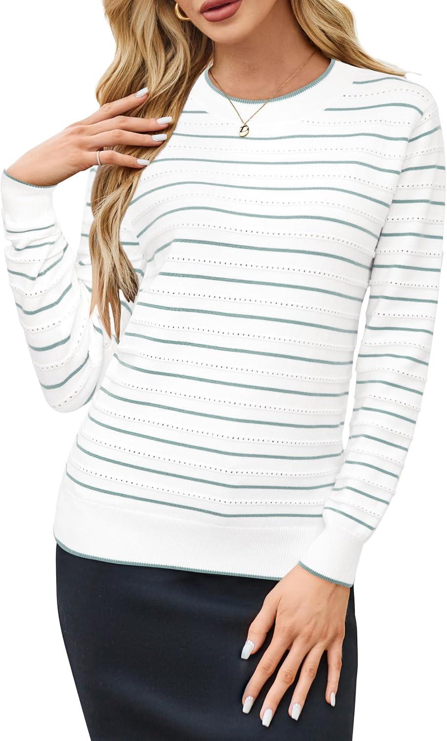 imageArachampCloz Womens Soft Knit Sweater Fall Dressy Casual Pullover TopsStriped White Green