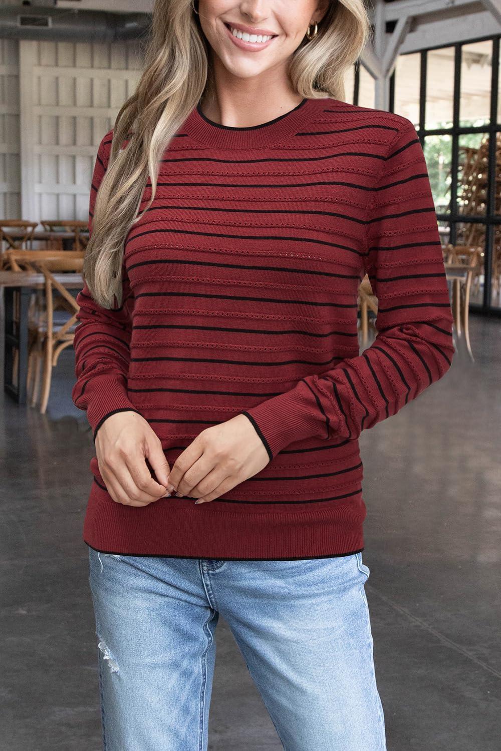 imageArachampCloz Womens Soft Knit Sweater Fall Dressy Casual Pullover TopsStriped Wine Black