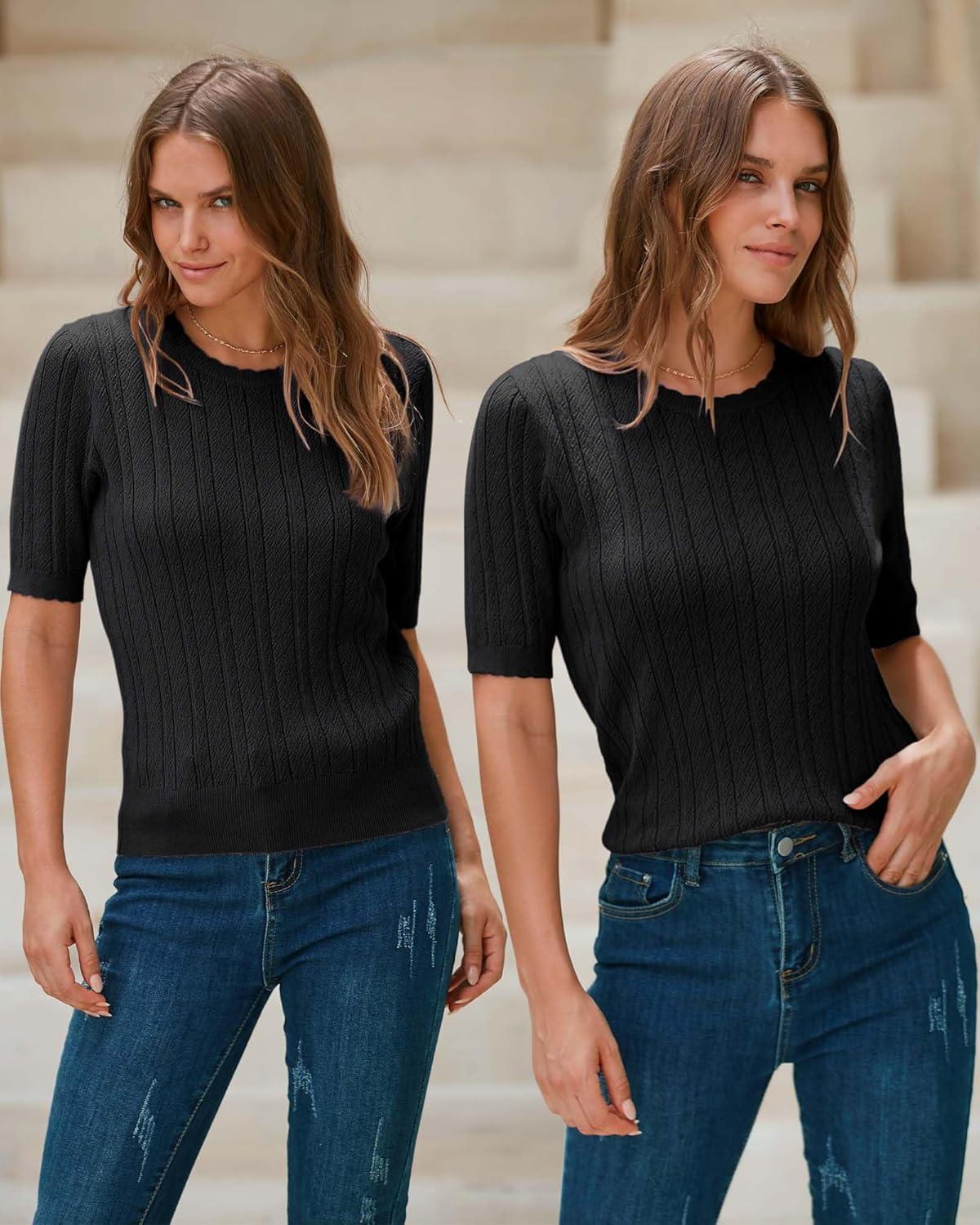 imageArachampCloz Womens Spring Summer Scalloped Short Sleeve Tops Textured ShirtsBlack