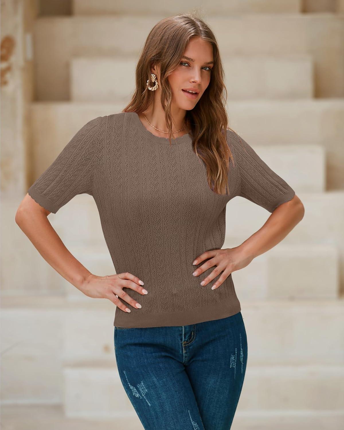 imageArachampCloz Womens Spring Summer Scalloped Short Sleeve Tops Textured ShirtsCoffee