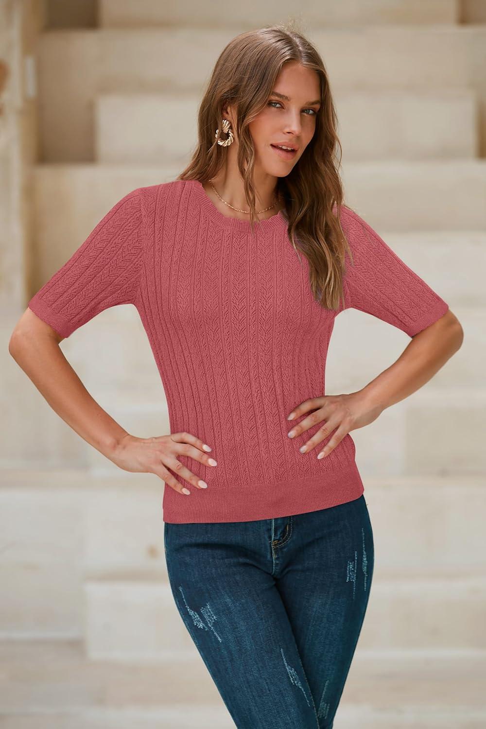 imageArachampCloz Womens Spring Summer Scalloped Short Sleeve Tops Textured ShirtsDusty Red