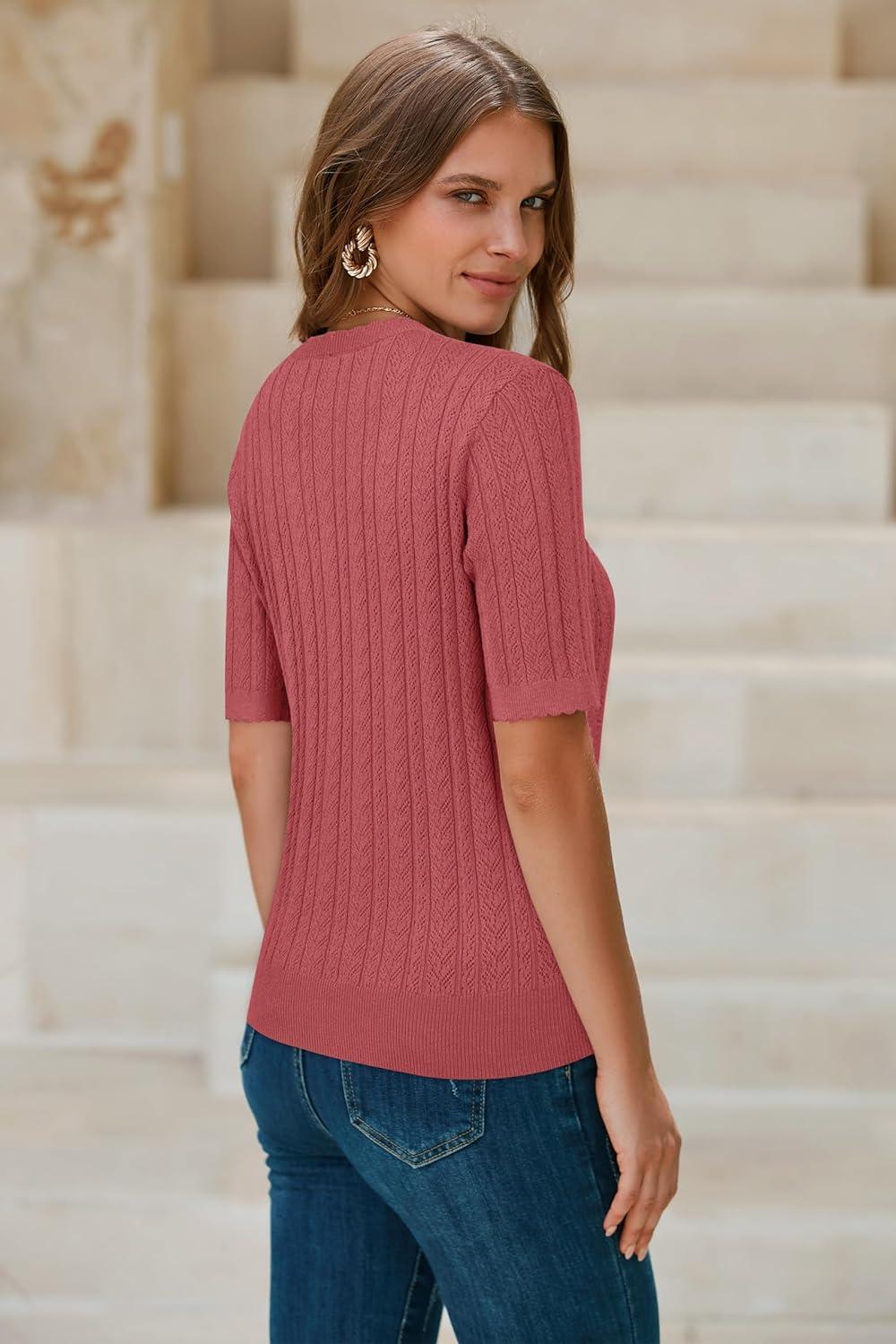 imageArachampCloz Womens Spring Summer Scalloped Short Sleeve Tops Textured ShirtsDusty Red