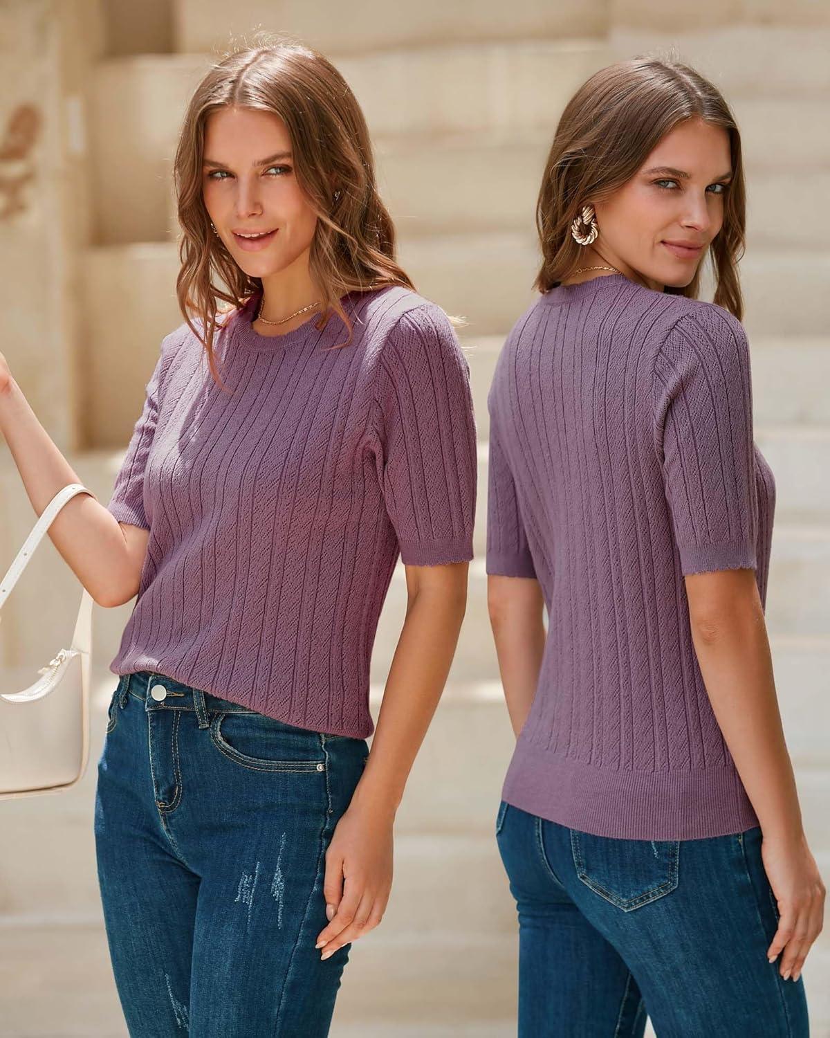 imageArachampCloz Womens Spring Summer Scalloped Short Sleeve Tops Textured ShirtsGray Purple
