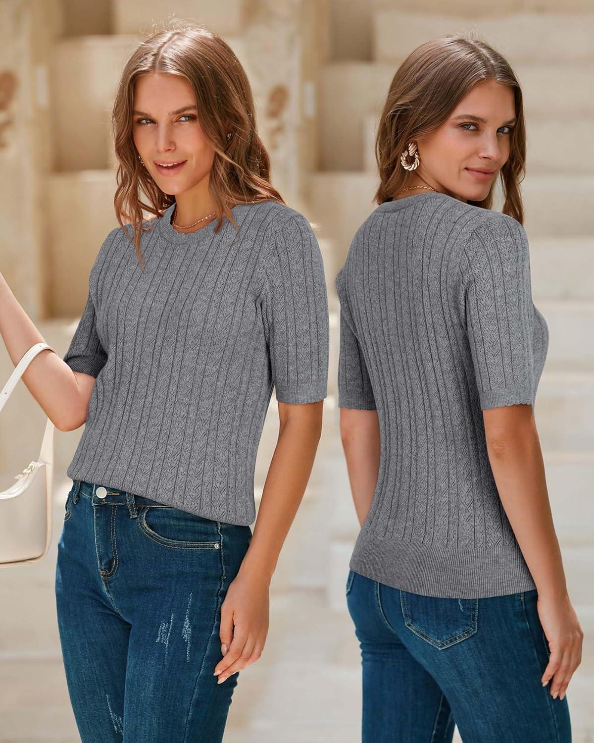 imageArachampCloz Womens Spring Summer Scalloped Short Sleeve Tops Textured ShirtsGrey