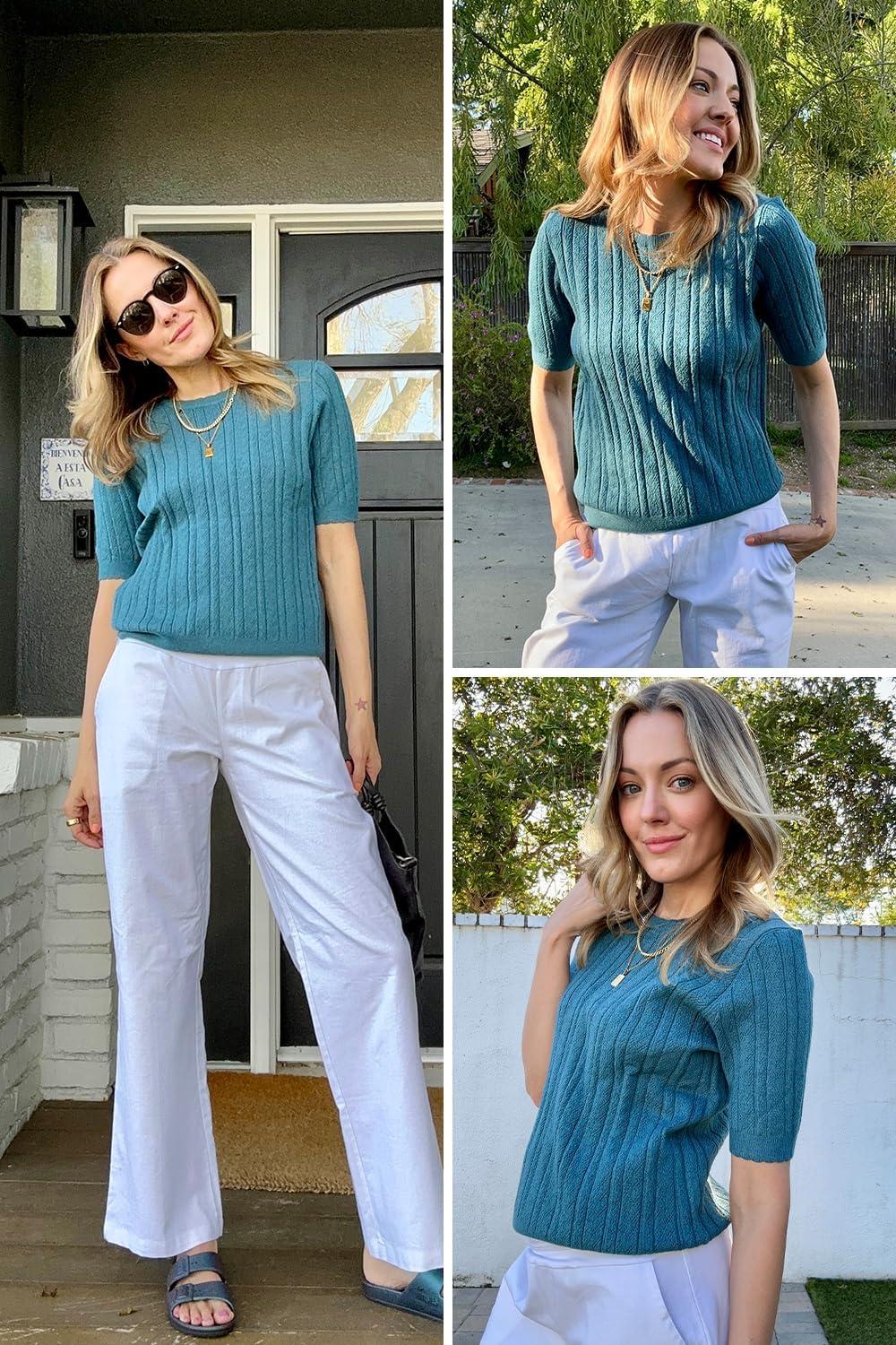 imageArachampCloz Womens Spring Summer Scalloped Short Sleeve Tops Textured ShirtsPeacock Blue