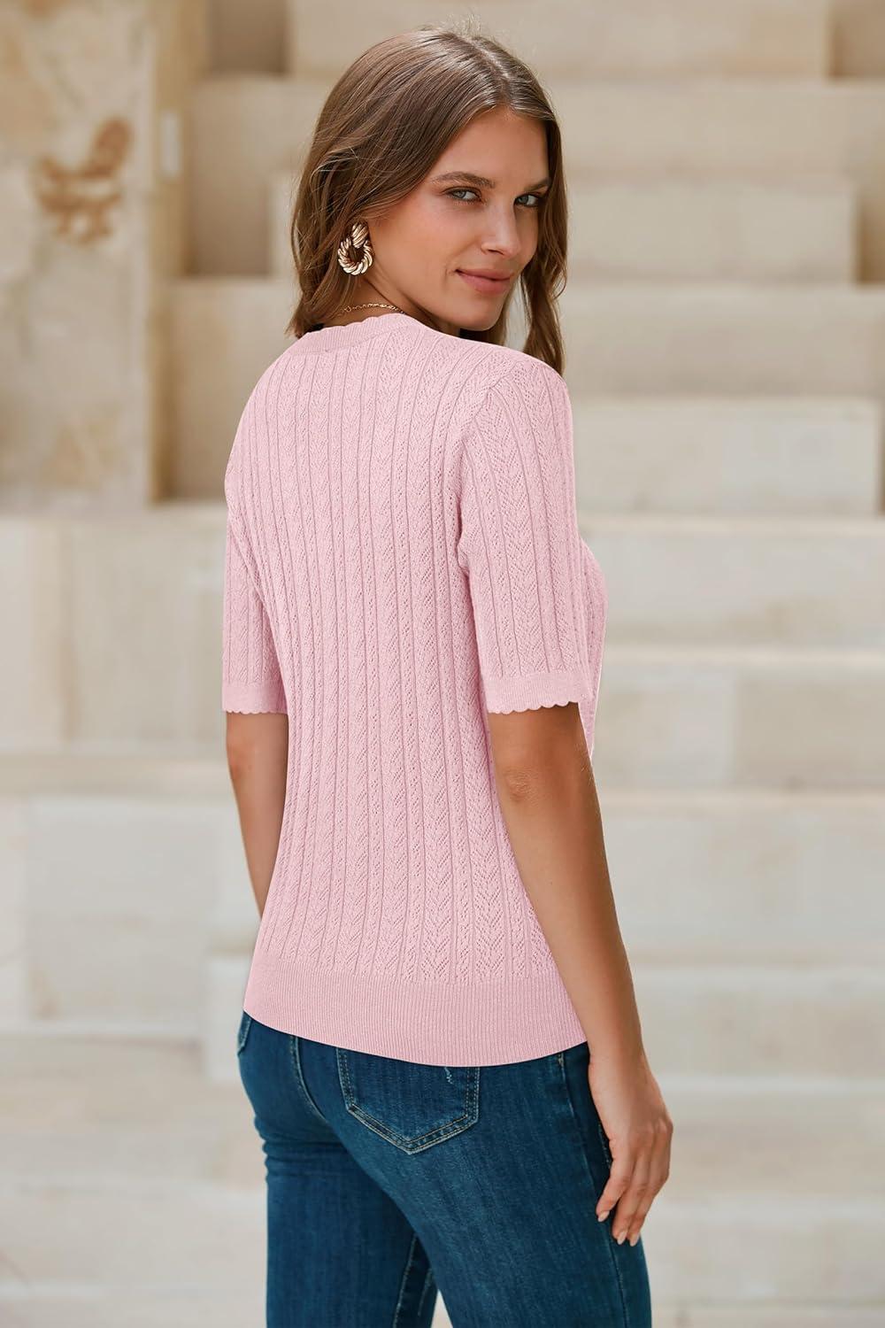 imageArachampCloz Womens Spring Summer Scalloped Short Sleeve Tops Textured ShirtsPink 02