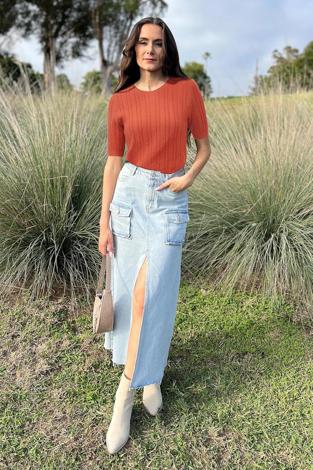 imageArachampCloz Womens Spring Summer Scalloped Short Sleeve Tops Textured ShirtsRust Orange