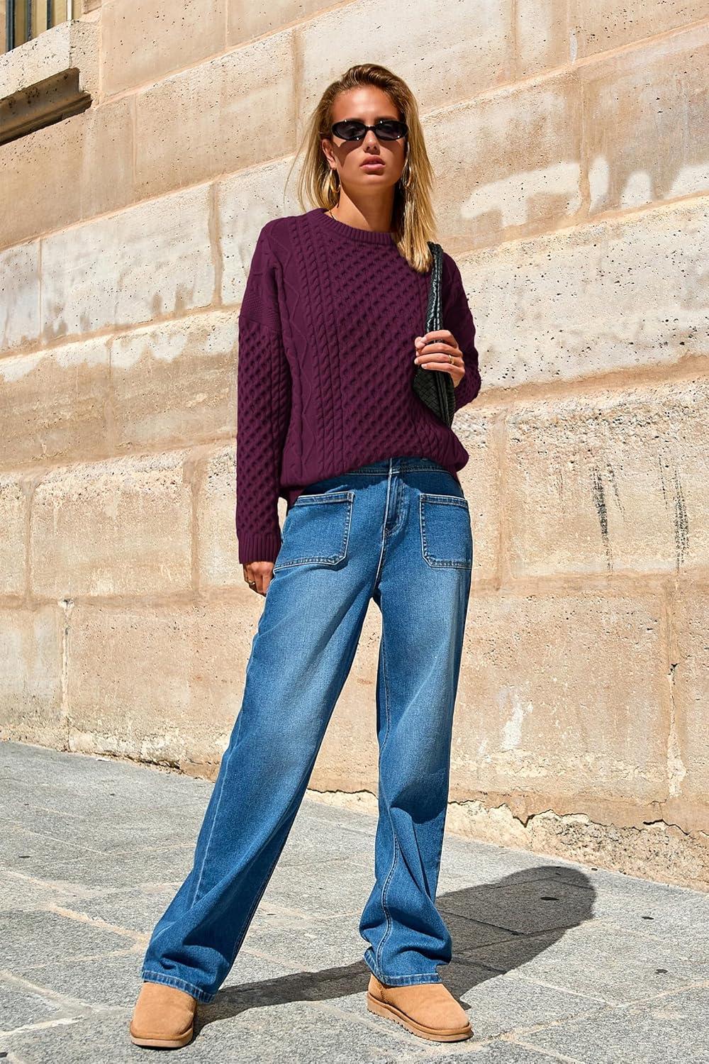 imageArachampCloz Womens Wool Blend Cable Knit Spring Winter Chunky Oversized Sweaters 2026Burgundy Dark Red