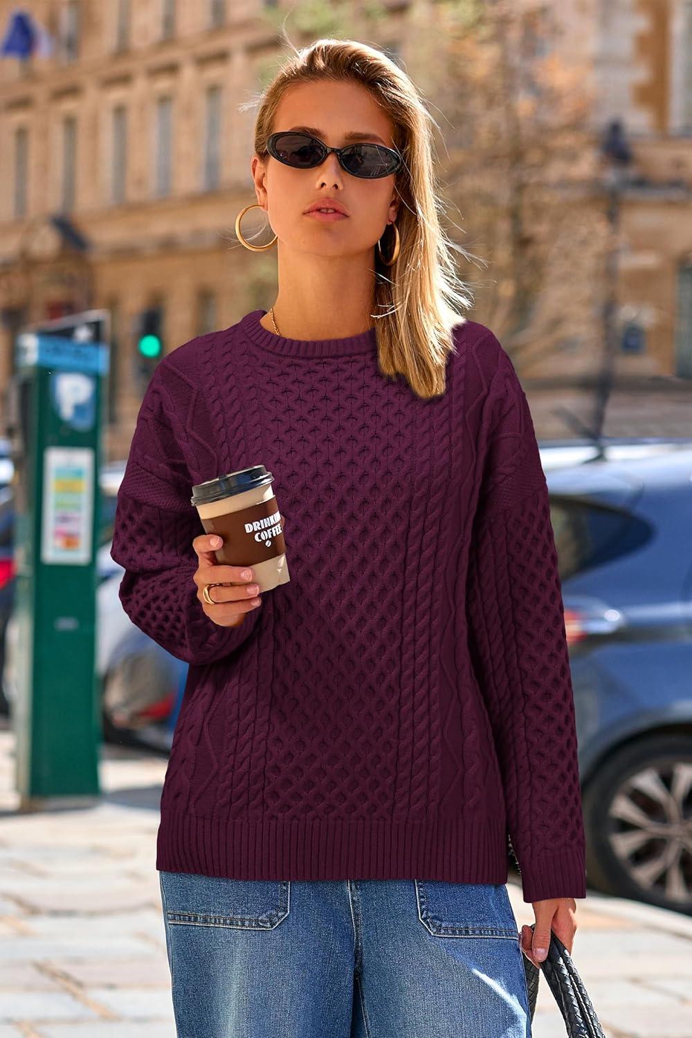 imageArachampCloz Womens Wool Blend Cable Knit Spring Winter Chunky Oversized Sweaters 2026Burgundy Dark Red