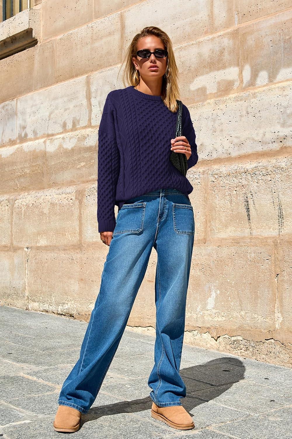 imageArachampCloz Womens Wool Blend Cable Knit Spring Winter Chunky Oversized Sweaters 2026Navy