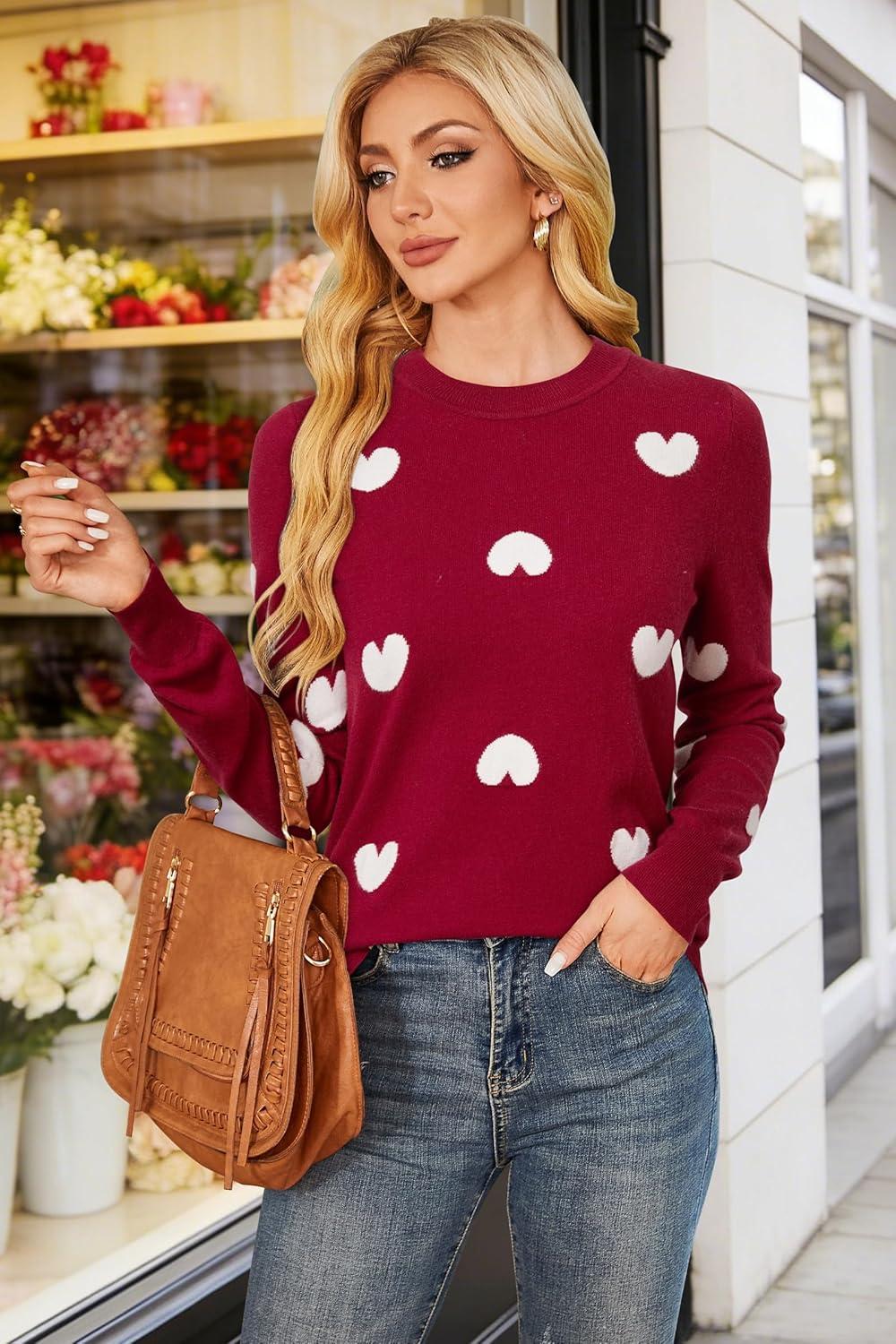 imageArachampCloz Womens Wool Blend Classic Crew Neck Casual Fall SweatersBurgundy White Heart
