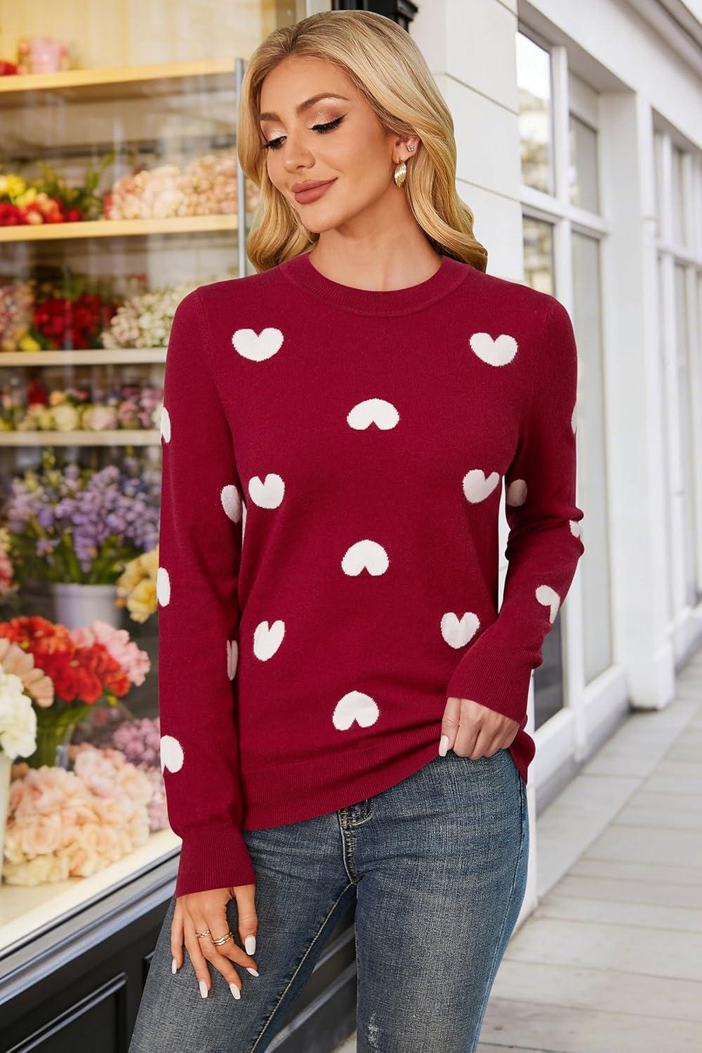 imageArachampCloz Womens Wool Blend Classic Crew Neck Casual Fall SweatersBurgundy White Heart