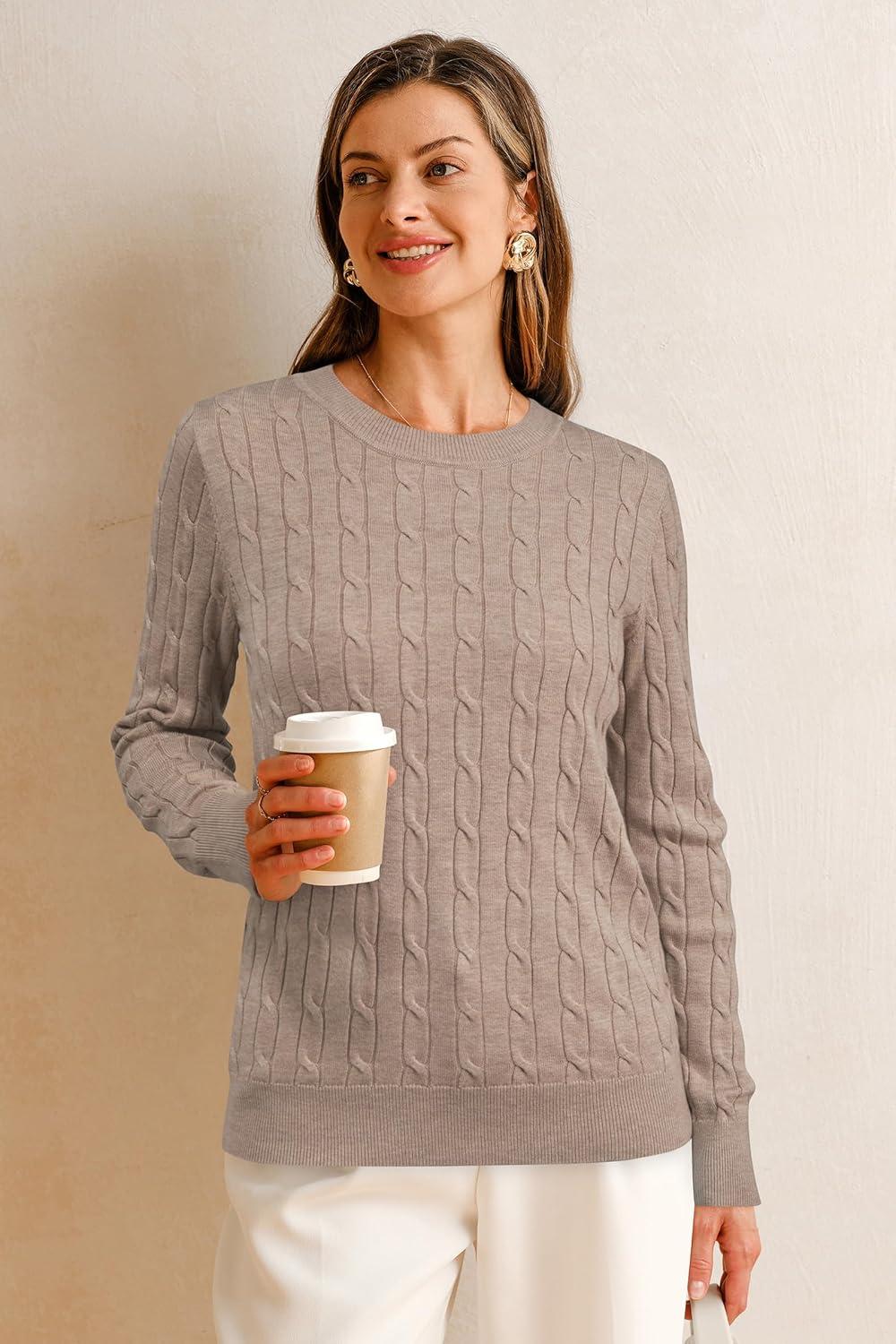 imageArachampCloz Womens Wool Blend Classic Crew Neck Casual Fall SweatersCableapricot