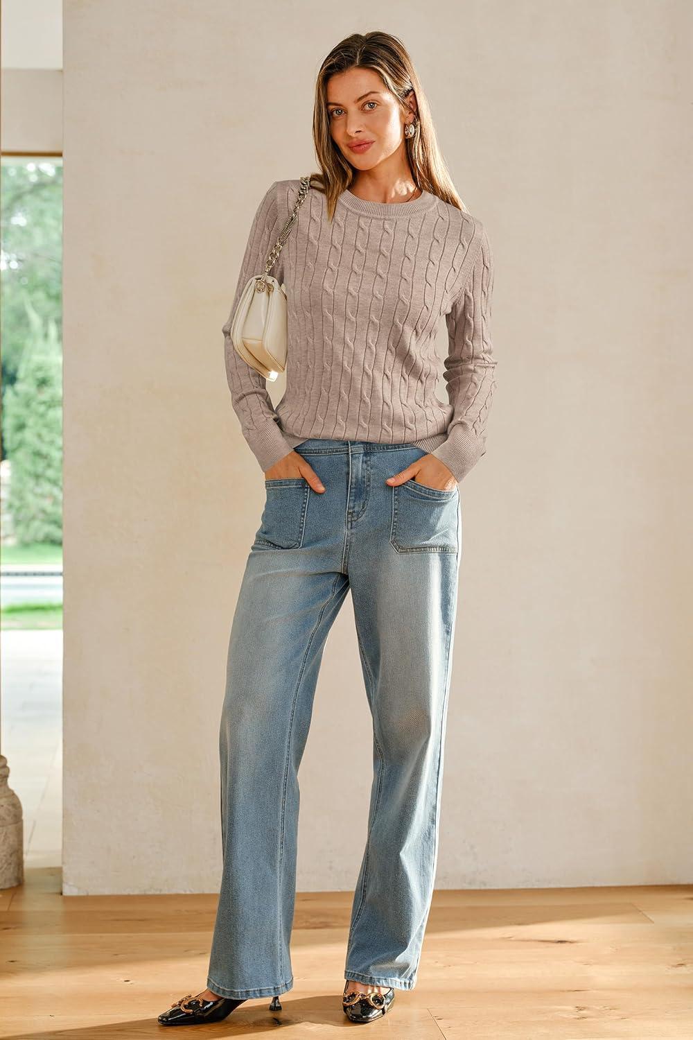 imageArachampCloz Womens Wool Blend Classic Crew Neck Casual Fall SweatersCableapricot