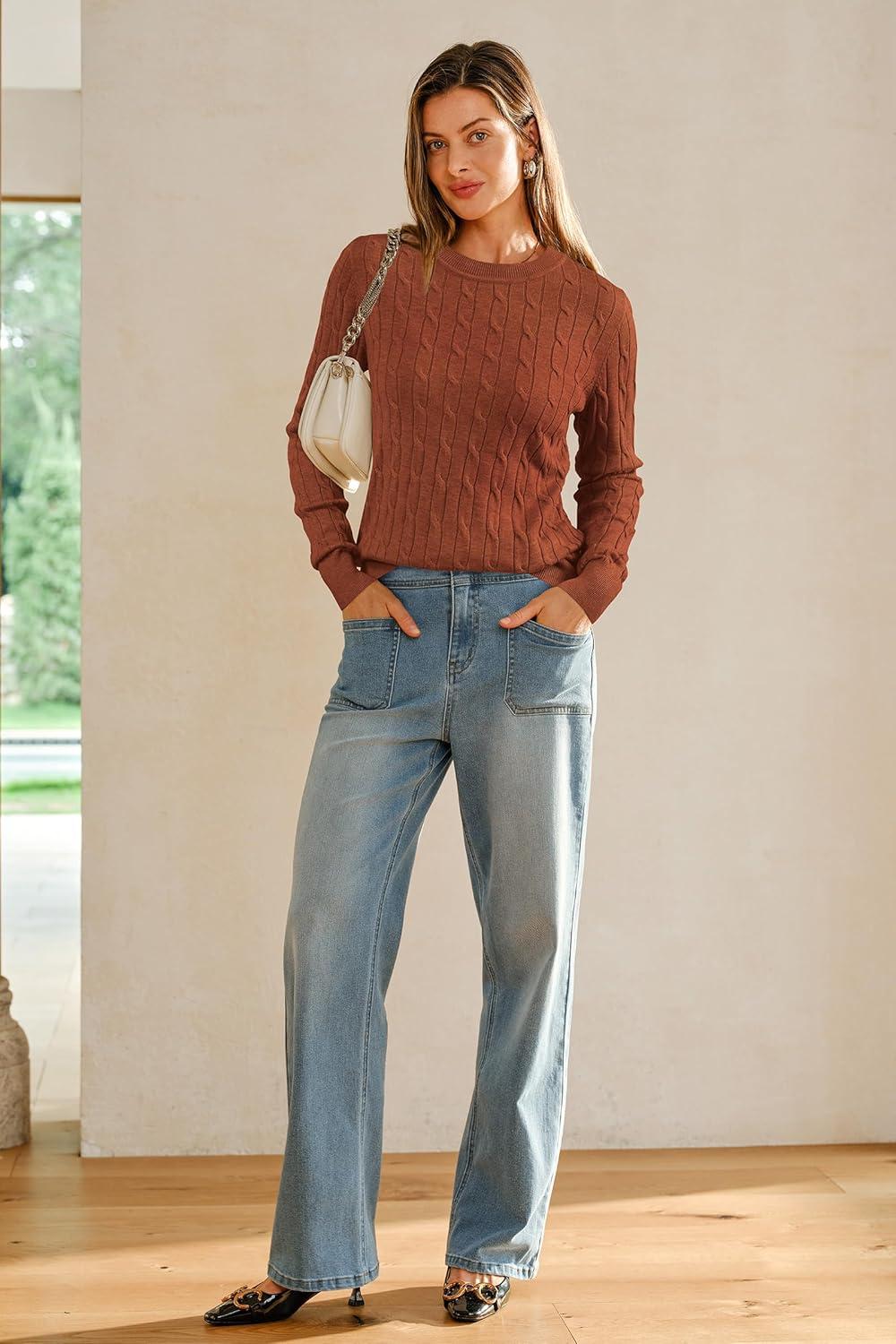 imageArachampCloz Womens Wool Blend Classic Crew Neck Casual Fall SweatersCablecaramel