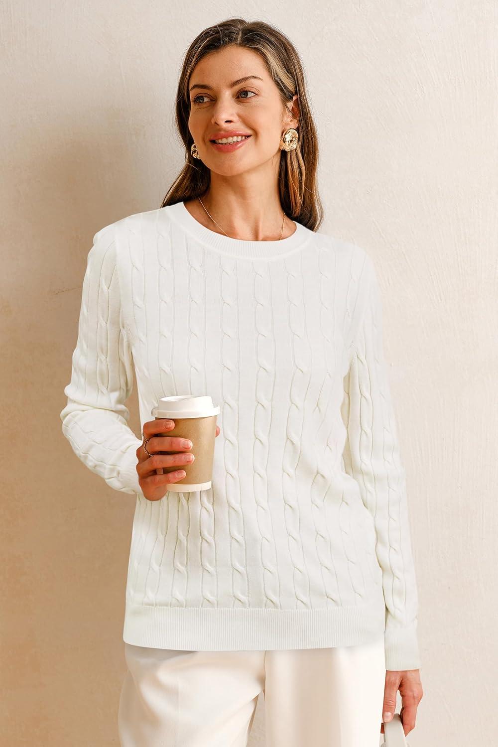 imageArachampCloz Womens Wool Blend Classic Crew Neck Casual Fall SweatersCablewhite