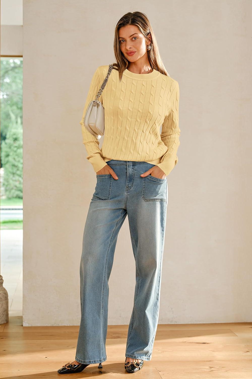 imageArachampCloz Womens Wool Blend Classic Crew Neck Casual Fall SweatersCableyellow