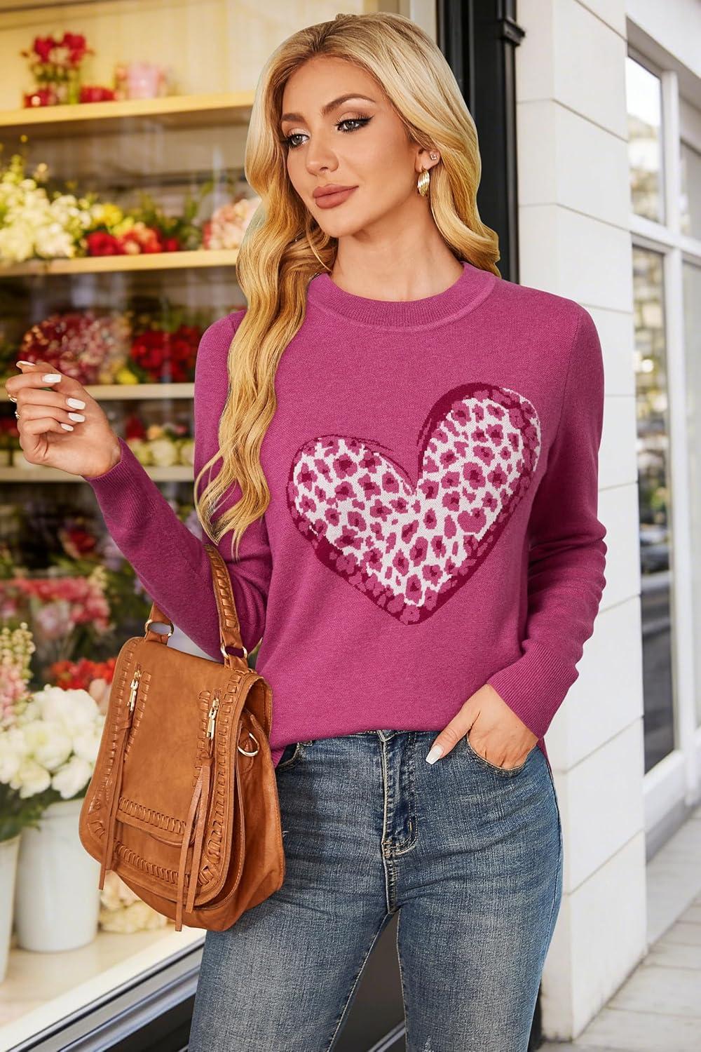 imageArachampCloz Womens Wool Blend Classic Crew Neck Casual Fall SweatersRose Leopard Heart