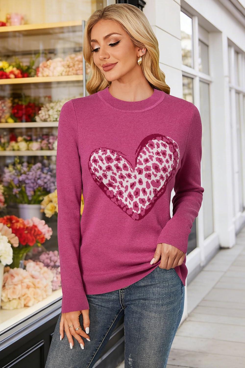 imageArachampCloz Womens Wool Blend Classic Crew Neck Casual Fall SweatersRose Leopard Heart