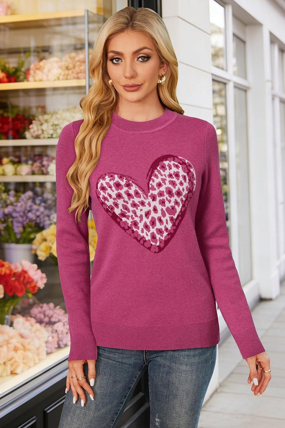 imageArachampCloz Womens Wool Blend Classic Crew Neck Casual Fall SweatersRose Leopard Heart